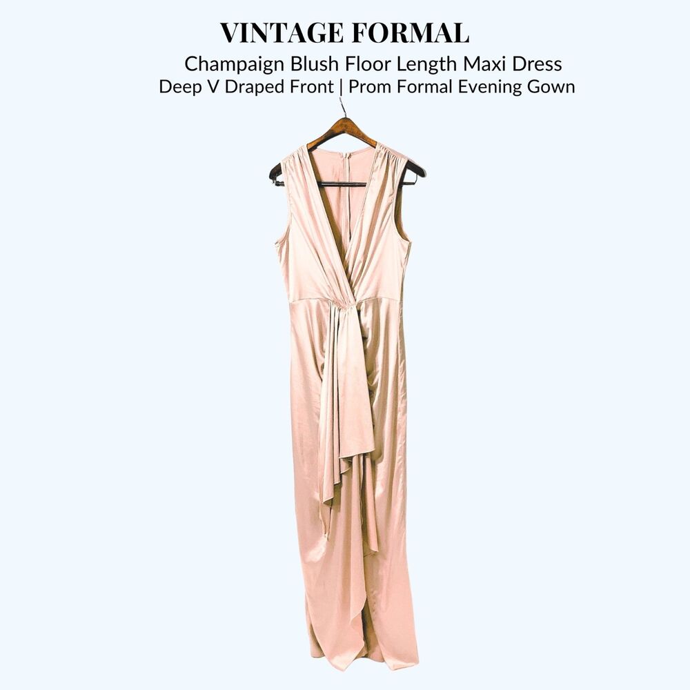 Blush Satin Maxi Dress Deep V Draped Front | Prom Formal Evening Gown